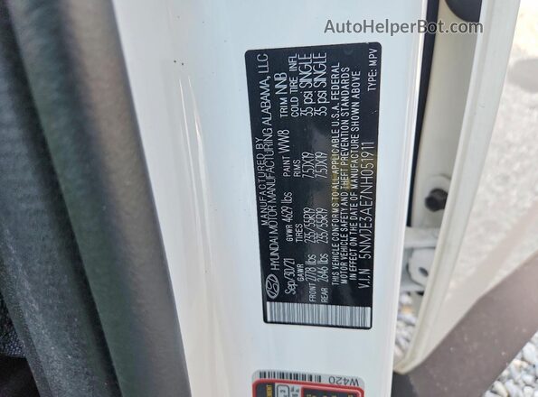 5NMJE3AE7NH051911 2022 HYUNDAI TUCSON White Widok wnętrza 360 stopni
