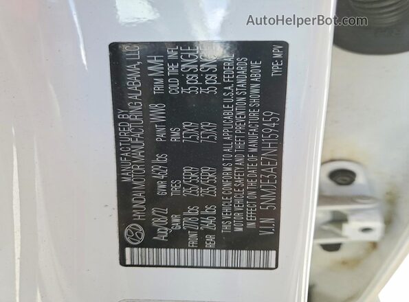 5NMJE3AE7NH159459 2022 HYUNDAI TUCSON White VIN կոդի պիտակի տեսք