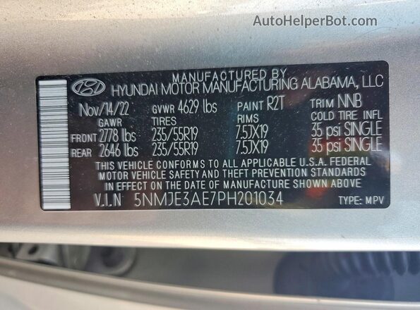5NMJE3AE7PH201034 2023 HYUNDAI TUCSON Silver VIN კოდის სტიკერის ხედი