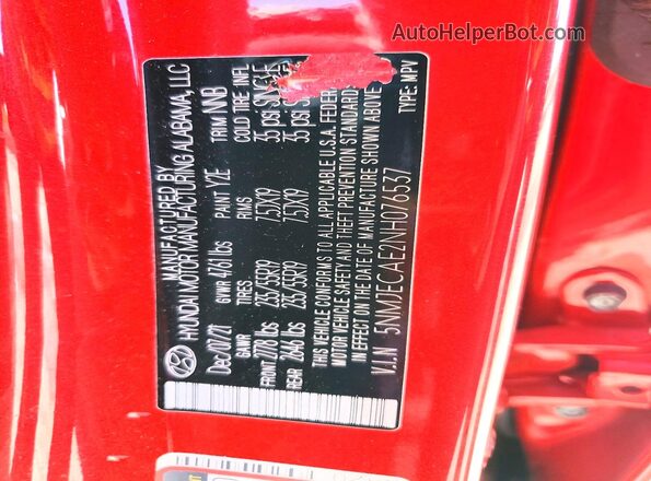 5NMJECAE2NH076537 2022 HYUNDAI TUCSON Red Vista de la etiqueta del VIN