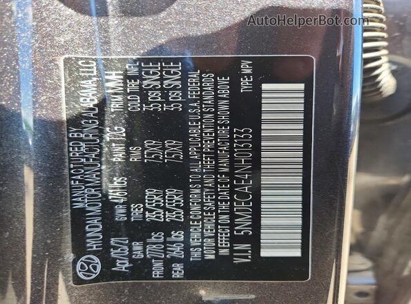 5NMJECAE4NH013133 2022 HYUNDAI TUCSON Gray Vista interior de 360 grados