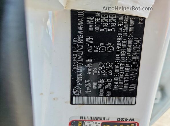 5NMJECAE8PH205643 2023 HYUNDAI TUCSON White Widok naklejki z numerem VIN