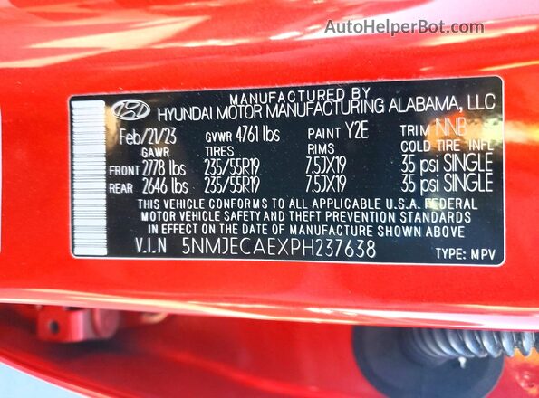 5NMJECAEXPH237638 2023 HYUNDAI TUCSON Red Вид наклейки з VIN-кодом