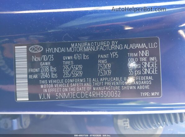 5NMJECDE4RH350032 2024 HYUNDAI TUCSON Синий Вид подкапотного пространства