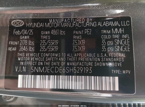 5NMJECDE6SH529193 2025 HYUNDAI TUCSON Серый Вид подкапотного пространства