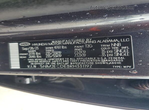 5NMJECDE8RH331192 2024 HYUNDAI TUCSON Gray VIN კოდის სტიკერის ხედი