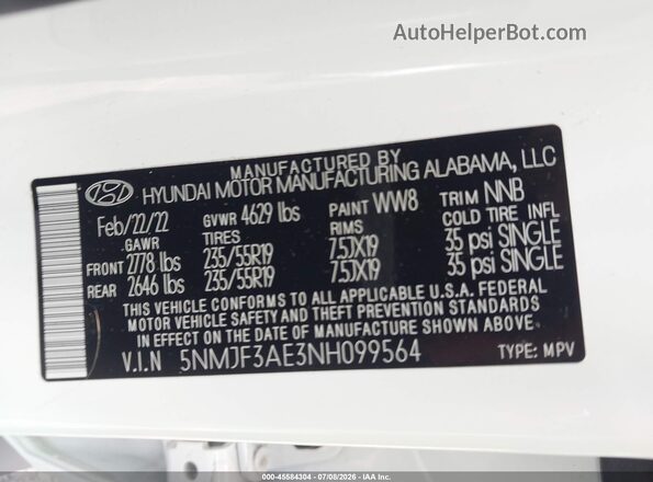 5NMJF3AE3NH099564 2022 HYUNDAI TUCSON White ძრავის განყოფილების ხედი