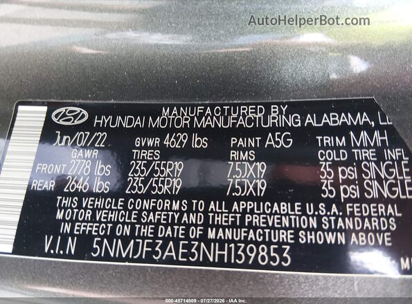 5NMJF3AE3NH139853 2022 HYUNDAI TUCSON Gray Vista del compartimento del motor