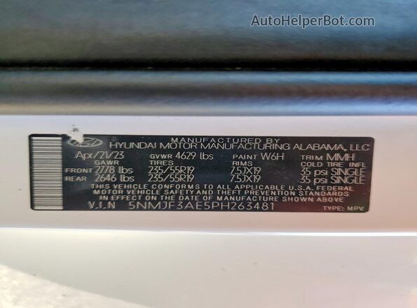 5NMJF3AE5PH263481 2023 HYUNDAI TUCSON White Widok naklejki z numerem VIN