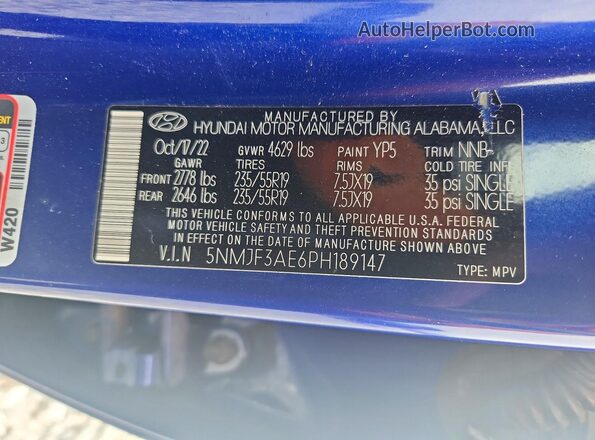 5NMJF3AE6PH189147 2023 HYUNDAI TUCSON Blue Панорамний вид салону 360°