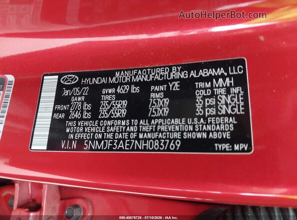 5NMJF3AE7NH083769 2022 HYUNDAI TUCSON Red Widok komory silnika
