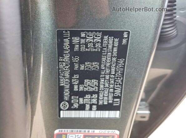 5NMJF3AE7PH179646 2023 HYUNDAI TUCSON Gray VIN sticker view