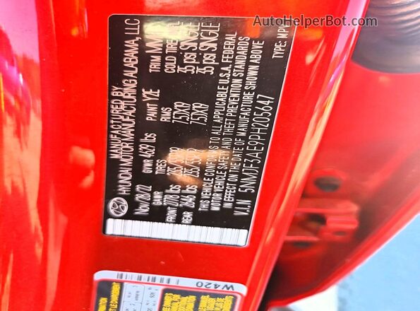 5NMJF3AE9PH205647 2023 HYUNDAI TUCSON Red Widok naklejki z numerem VIN