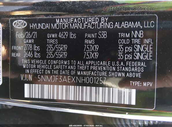 5NMJF3AEXNH001257 2022 HYUNDAI TUCSON Black Engine compartment view