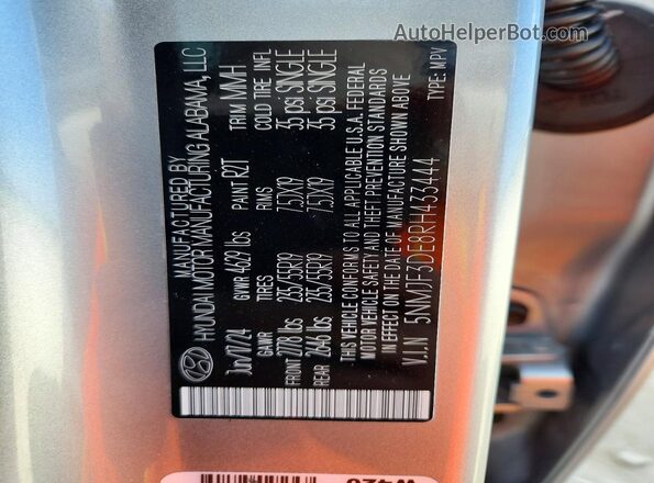 5NMJF3DE8RH433444 2024 HYUNDAI TUCSON Silver Vista de la etiqueta del VIN