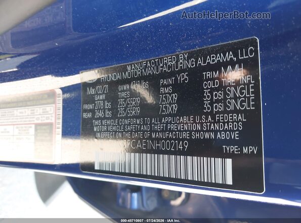 5NMJFCAE1NH002149 2022 HYUNDAI TUCSON Blue Շարժիչի բաժամունքի տեսք
