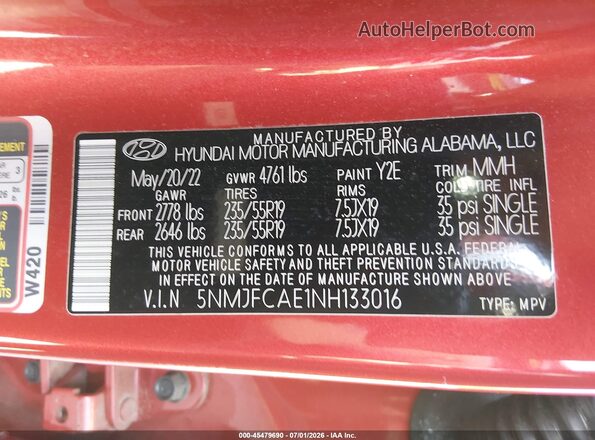 5NMJFCAE1NH133016 2022 HYUNDAI TUCSON Red ძრავის განყოფილების ხედი