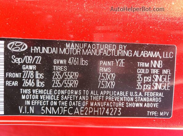 5NMJFCAE2PH174273 2023 HYUNDAI TUCSON Red Vista de la etiqueta del VIN