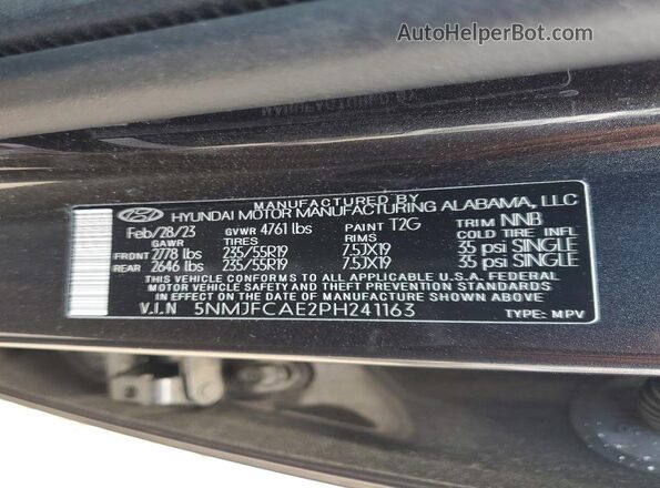 5NMJFCAE2PH241163 2023 HYUNDAI TUCSON Charcoal VIN կոդի պիտակի տեսք