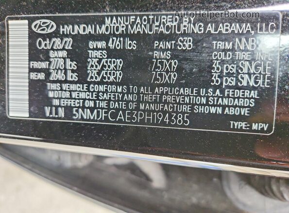 5NMJFCAE3PH194385 2023 HYUNDAI TUCSON Black VIN კოდის სტიკერის ხედი