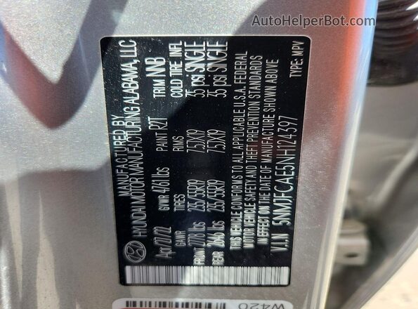 5NMJFCAE5NH124397 2022 HYUNDAI TUCSON Silver Vista de la etiqueta del VIN