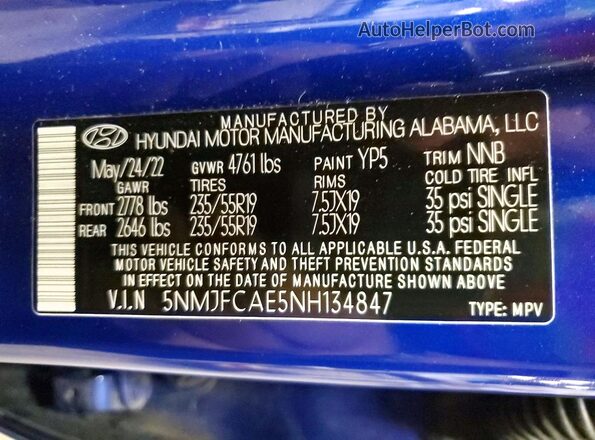 5NMJFCAE5NH134847 2022 HYUNDAI TUCSON Blue Вид наклейки з VIN-кодом