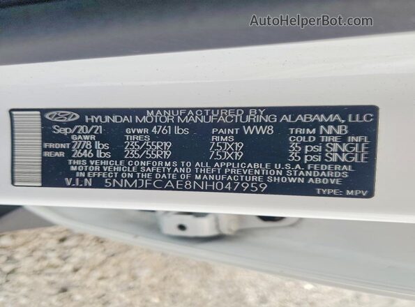 5NMJFCAE8NH047959 2022 HYUNDAI TUCSON White VIN sticker view