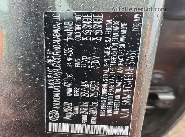 5NMJFCAE9NH157631 2022 HYUNDAI TUCSON Gray VIN კოდის სტიკერის ხედი