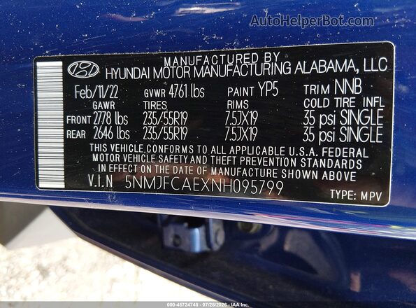 5NMJFCAEXNH095799 2022 HYUNDAI TUCSON Blue Vista del compartimento del motor