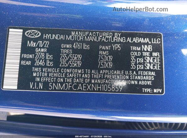 5NMJFCAEXNH105859 2022 HYUNDAI TUCSON Blue ძრავის განყოფილების ხედი