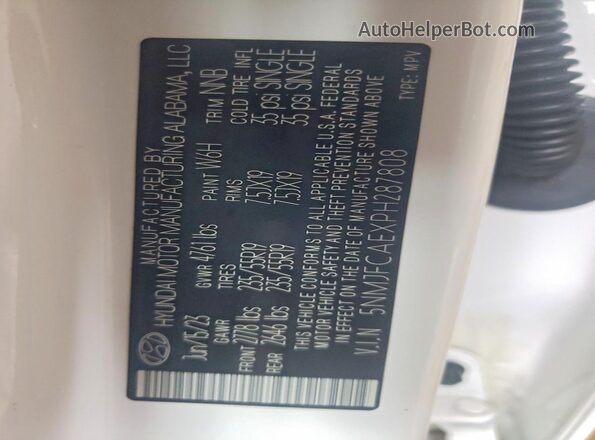 5NMJFCAEXPH287808 2023 HYUNDAI TUCSON White VIN sticker view