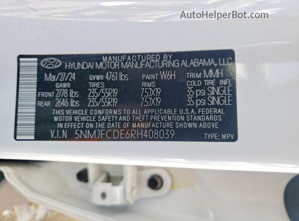 5NMJFCDE6RH408039 2024 HYUNDAI TUCSON White Панорамний вид салону 360°