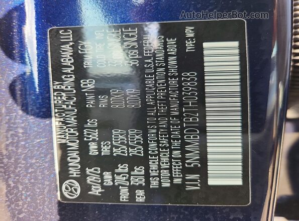 5NMMBDTB2TH039838 2026 GENESIS GV70 Blue Vista de la etiqueta del VIN