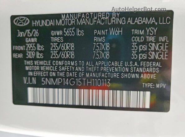 5NMP14G15TH110113 2026 HYUNDAI SANTA White Вид наклейки з VIN-кодом