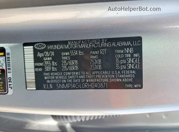 5NMP14GL0RH040871 2024 HYUNDAI SANTA Silver VIN կոդի պիտակի տեսք