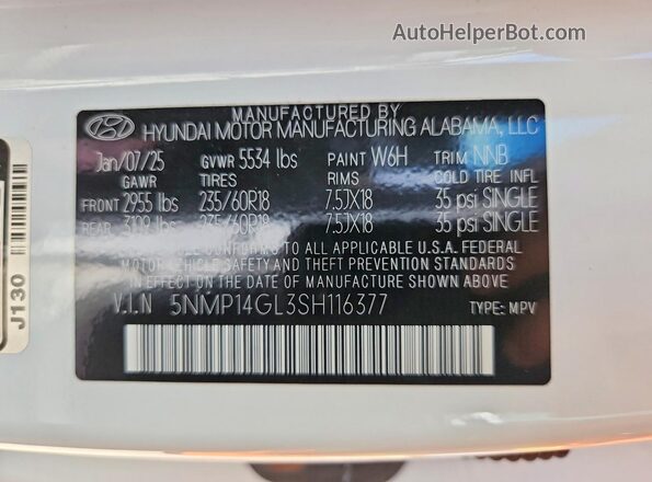 5NMP14GL3SH116377 2025 HYUNDAI SANTA White Вид наклейки з VIN-кодом