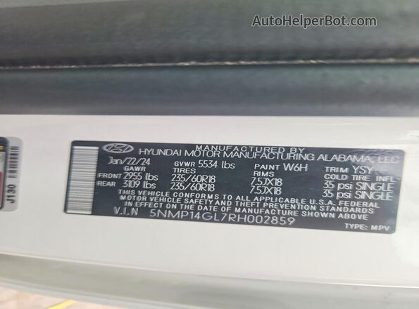 5NMP14GL7RH002859 2024 HYUNDAI SANTA White Widok naklejki z numerem VIN