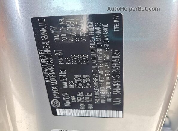 5NMP14GL9RH051867 2024 HYUNDAI SANTA Silver VIN კოდის სტიკერის ხედი