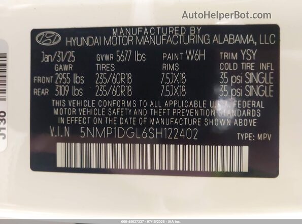 5NMP1DGL6SH122402 2025 HYUNDAI SANTA FE White Вид підкапотного простору