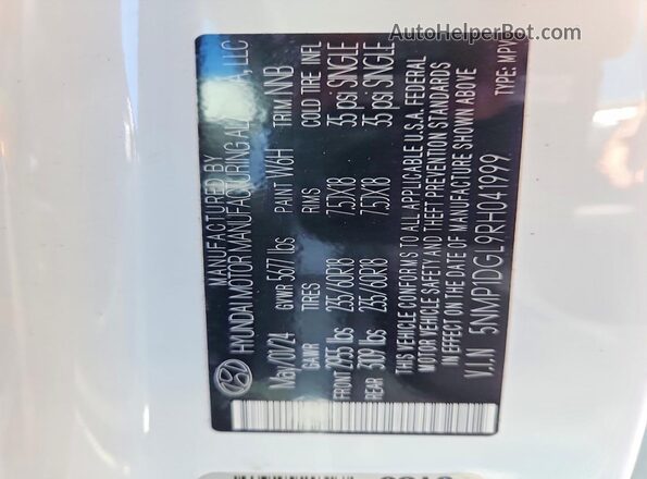 5NMP1DGL9RH041999 2024 HYUNDAI SANTA White Widok naklejki z numerem VIN