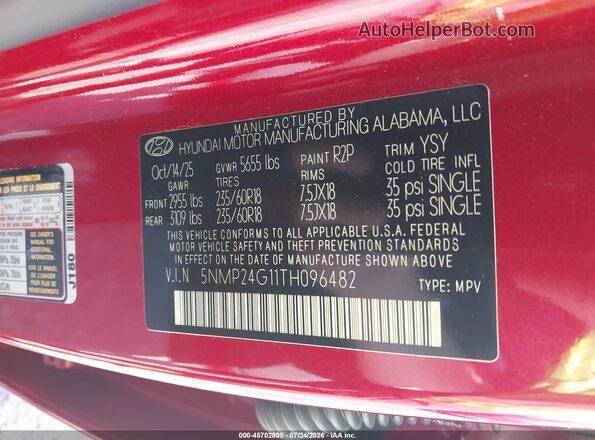 5NMP24G11TH096482 2026 HYUNDAI SANTA FE HYBRID Burgundy Вид підкапотного простору