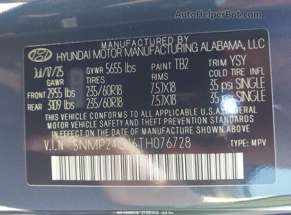 5NMP24G16TH076728 2026 HYUNDAI SANTA FE HYBRID Blue Vista del compartimento del motor