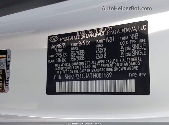 5NMP24G16TH081489 2026 HYUNDAI SANTA FE HYBRID White Engine compartment view