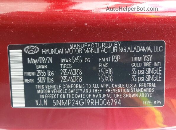 5NMP24G19RH006794 2024 HYUNDAI SANTA Red Widok wnętrza 360 stopni