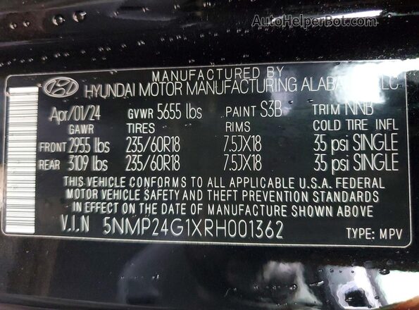 5NMP24G1XRH001362 2024 HYUNDAI SANTA Black VIN sticker view