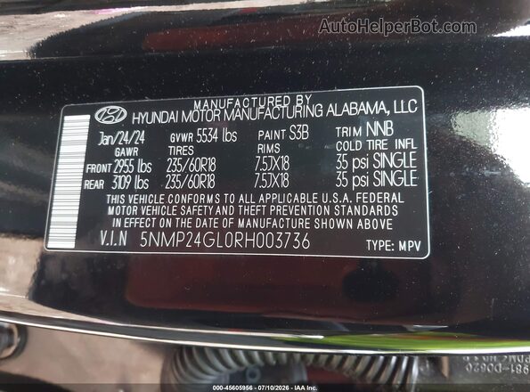 5NMP24GL0RH003736 2024 HYUNDAI SANTA FE Black Vista del compartimento del motor