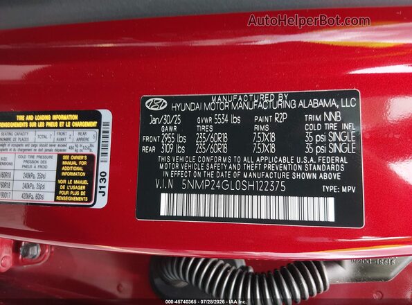 5NMP24GL0SH122375 2025 HYUNDAI SANTA FE Red Vista del compartimento del motor
