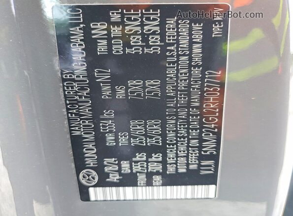5NMP24GL2RH037712 2024 HYUNDAI SANTA Gray Vista de la etiqueta del VIN