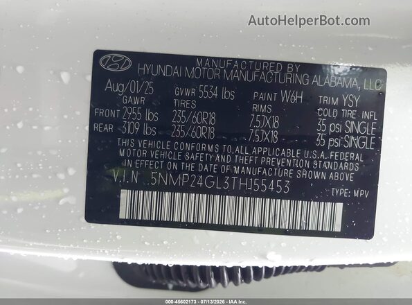 5NMP24GL3TH155453 2026 HYUNDAI SANTA FE White Շարժիչի բաժամունքի տեսք