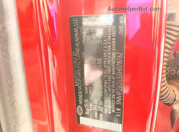 5NMP24GL5SH078762 2025 HYUNDAI SANTA Red VIN კოდის სტიკერის ხედი